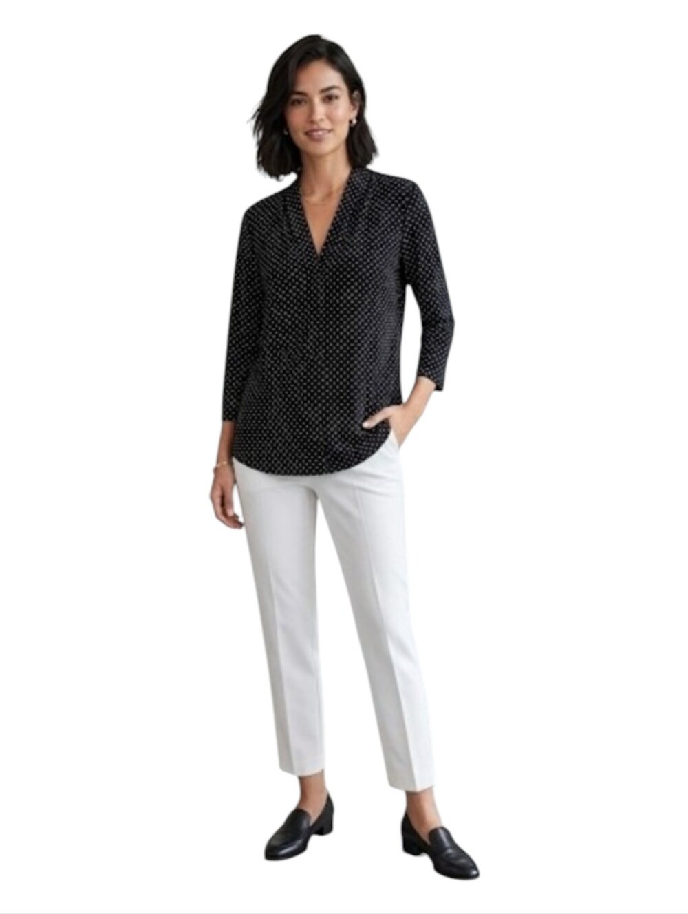Charter Club Black White Polka Dot V-Neck Blouse 3/4 Sleeve Tunic Top XL